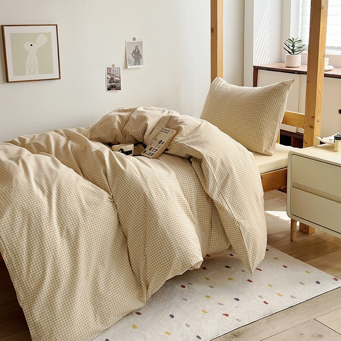 91家纺网 家纺一手货源 找家纺 水洗的故事 2025新款A类色织水洗棉学生三件套 西西里奶黄-