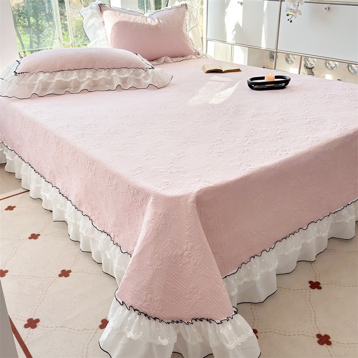 91家纺网 家纺一手货源 找家纺 金喜 2025新款韩版木棉纯色床盖双层蕾丝边夹棉床盖-星梦系列 星梦-桃夭