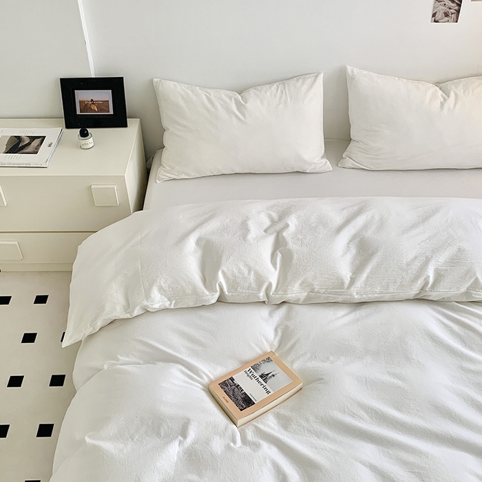 91家纺网 家纺一手货源 找家纺 水洗的故事 2025新款色织水洗棉多巴胺纯色款四件套 本白色