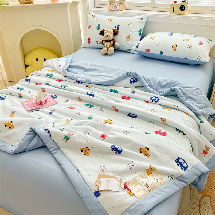 91家纺网 家纺一手货源 找家纺 秋泽家纺 2025春夏新款水洗棉双层纱大豆纤维夏被夏凉被空调被 汽车派对