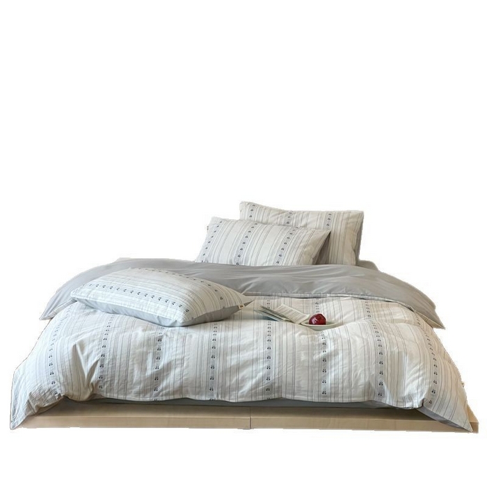 91家纺网 家纺一手货源 找家纺 2025【A类全棉刺绣提花四件套】日式无印刺绣A类提花四件套良品条纹床品套件全棉小清新双拼件套