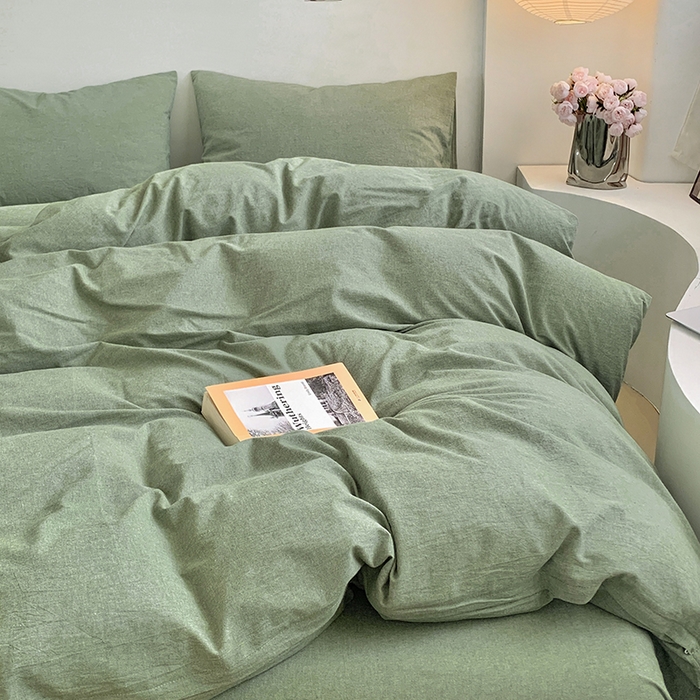 91家纺网 家纺一手货源 找家纺 水洗的故事 2025新款色织水洗棉多巴胺纯色款四件套 绿素色