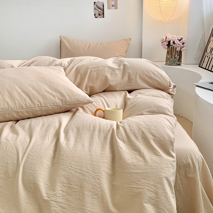 91家纺网 家纺一手货源 找家纺 水洗的故事 2025新款色织水洗棉多巴胺纯色款四件套 米素色