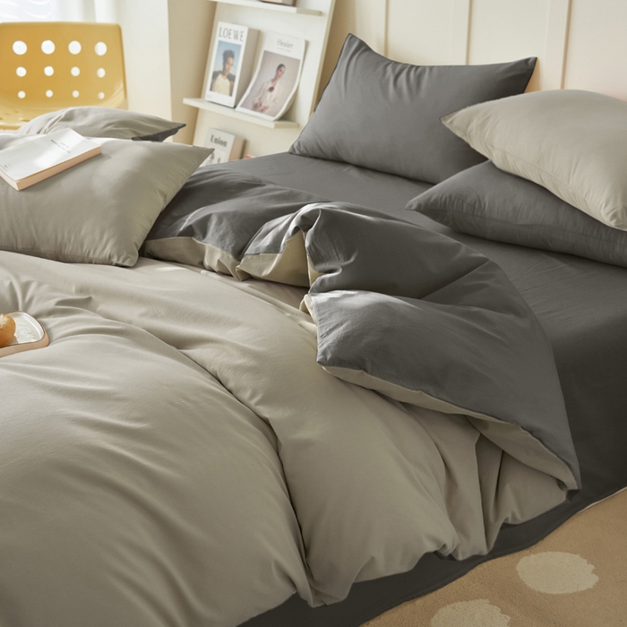 91家纺网 家纺一手货源 找家纺 寐绸家纺 2025新款纯棉水洗棉双拼单被套（自然光） 毛毯灰+宝藏灰