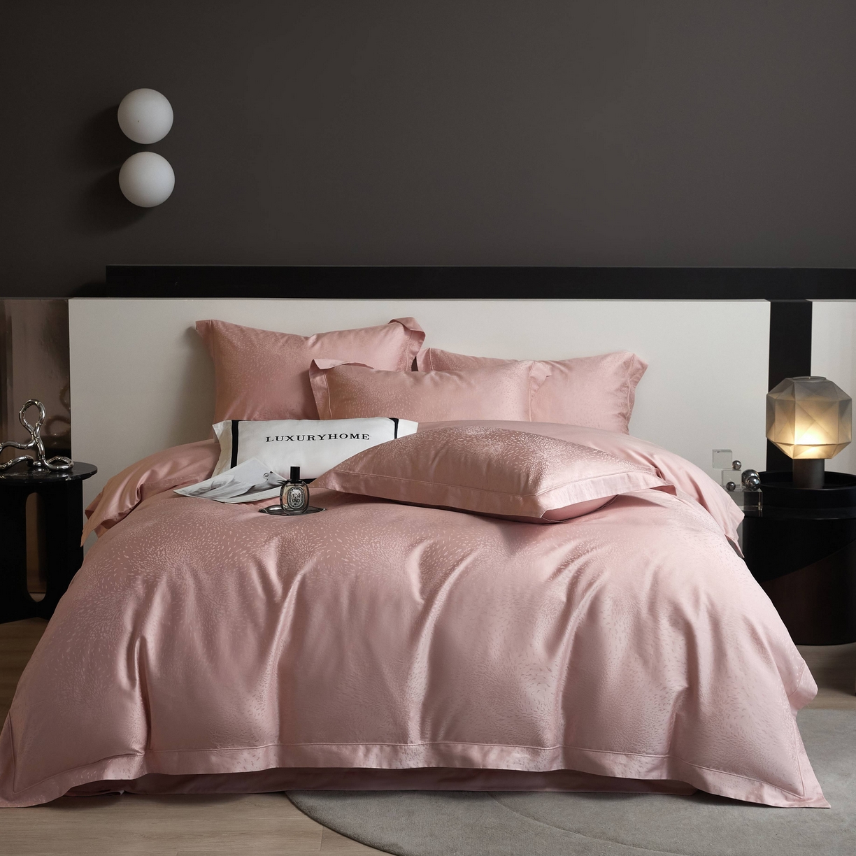 91家纺网 家纺一手货源 找家纺 榻尚家居 2025春夏新款长绒棉全棉纯棉贡缎提花手工立体埋绳工艺四件套 星耀（樱花粉）