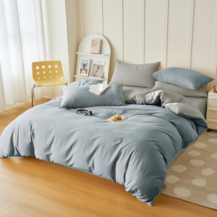 91家纺网 家纺一手货源 找家纺 寐绸家纺 2025新款纯棉水洗棉双拼单被套（自然光） 礁石灰+毛毯灰