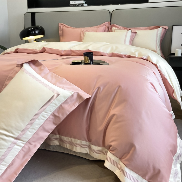 91家纺网 家纺一手货源 找家纺 桃园 2025新款纯棉全棉长绒棉刺绣绣花高端礼盒四件套-莱卡 莱卡豆沙粉