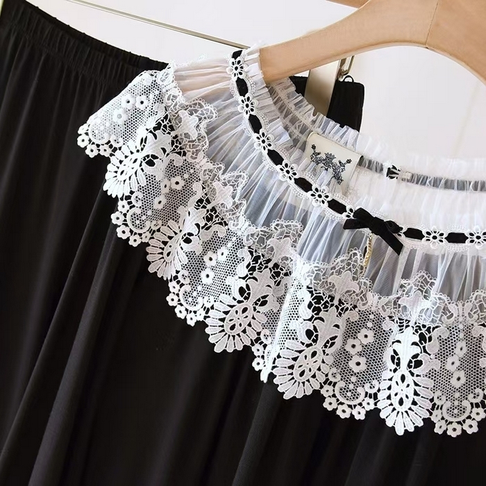 91家纺网 家纺一手货源 找家纺 （总）洛兰沙家居馆【只代发】【只代发】 2025新款外贸欧美风宽蕾丝边莫代尔睡衣女春夏秋套头翻领短袖长裤家居服莫代尔黑色