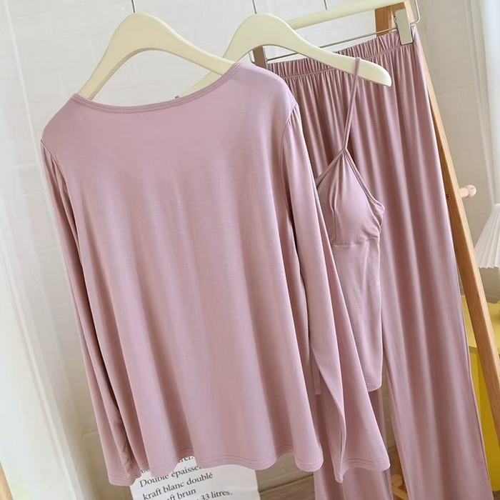 91家纺网 家纺一手货源 找家纺 （总）洛兰沙家居馆【只代发】【只代发】 2025新款外贸欧美风淑女风莫代尔睡衣女春夏秋开衫短袖吊带三件套长裤家居服