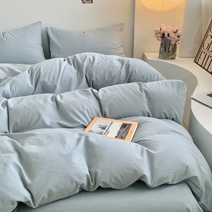 91家纺网 家纺一手货源 找家纺 水洗的故事 2025新款色织水洗棉多巴胺纯色款四件套 浅蓝素色