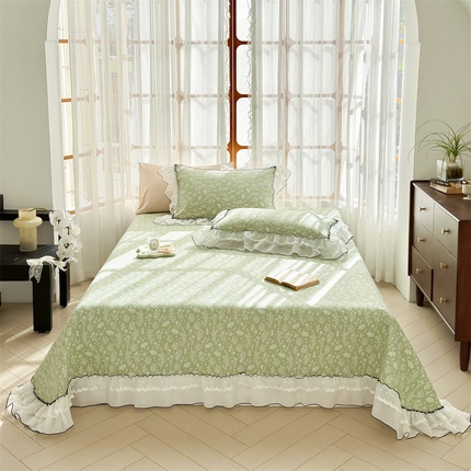 金喜 2025新款韩版木棉印花小清新床盖双层蕾丝边夹棉床盖-小清新系列 绿风吟