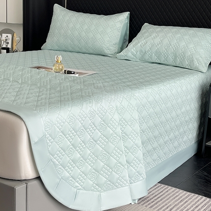 2025轻奢风A类长绒棉夹棉床盖床笠三件套纯色绗绣四季高级感纯色全棉纯棉床上用品 茶绿