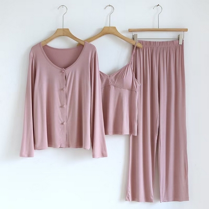 91家纺网 家纺一手货源 找家纺 洛兰沙家居馆【只代发】【只代发】 2025新款外贸欧美风淑女风莫代尔睡衣女春夏秋开衫短袖吊带三件套长裤家居服   三件套粉色 