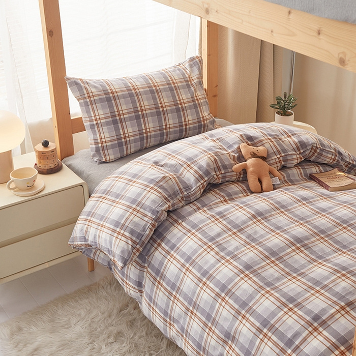 91家纺网 家纺一手货源 找家纺 水洗的故事 2025新款开学季色织水洗棉学生宿舍三件套 森屿灰