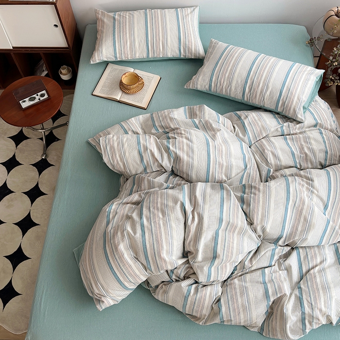 91家纺网 家纺一手货源 找家纺 水洗的故事2025新款A类AB版全棉色织水洗棉四件套 参青-绿