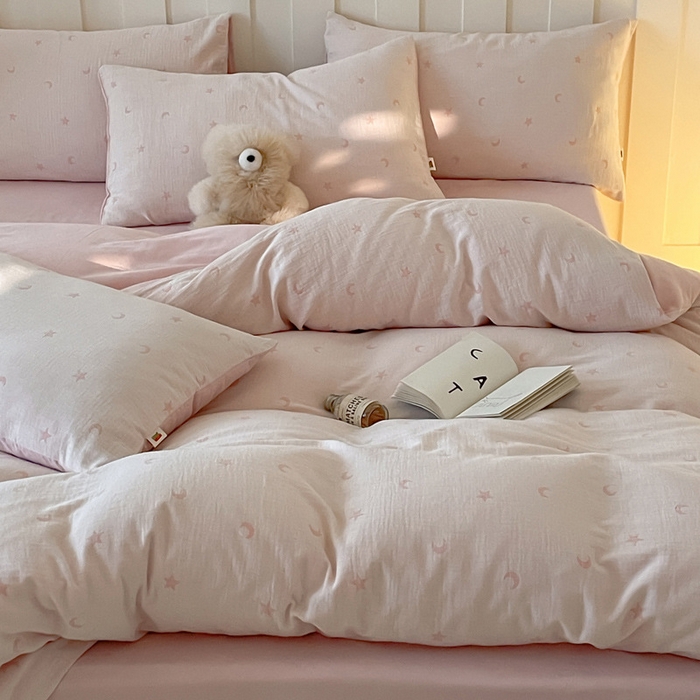 91家纺网 家纺一手货源 找家纺 2025【A类全棉皱皱纱四件套】全棉双层纱四件套A类皱皱纱提花床品件套母婴星月亮