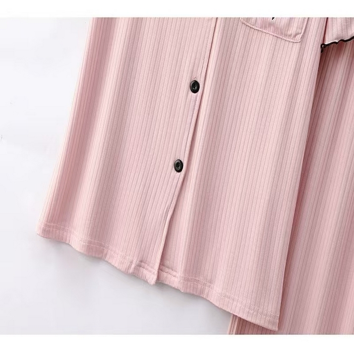 91家纺网 家纺一手货源 找家纺 （总）洛兰沙家居馆【只代发】【只代发】 2025新款外贸欧美风8*5宽坑条莫代尔睡衣女春夏秋开衫翻领短袖长裤家居服