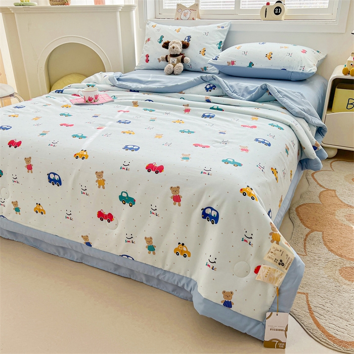 91家纺网 家纺一手货源 找家纺 秋泽家纺 2025春夏新款水洗棉双层纱大豆纤维夏被夏凉被空调被 汽车派对