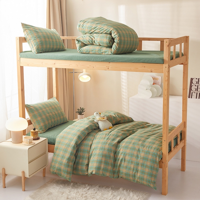 91家纺网 家纺一手货源 找家纺 水洗的故事 2025新款开学季色织水洗棉学生宿舍三件套 青萝绿