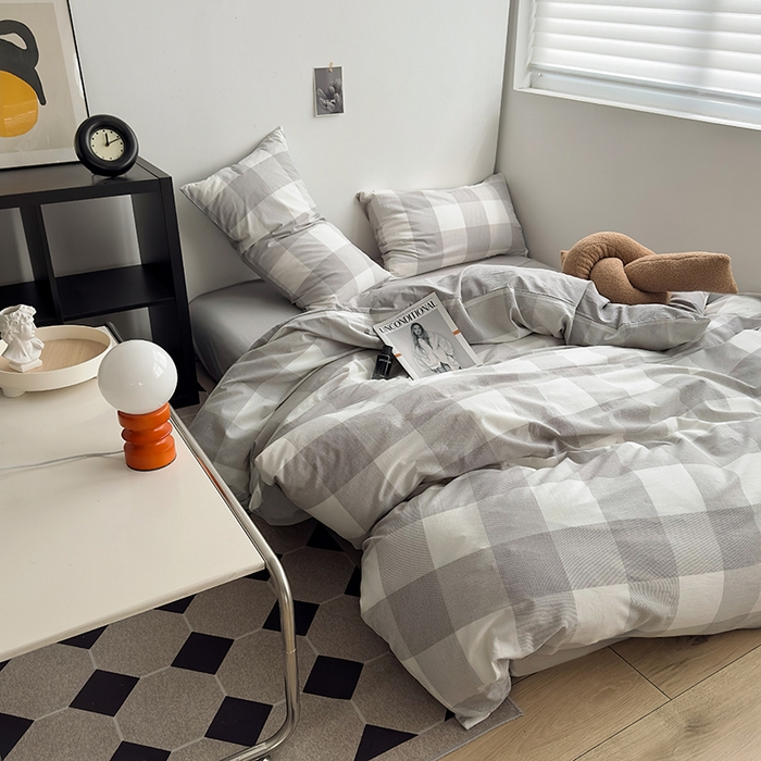 91家纺网 家纺一手货源 找家纺 水洗的故事2025新款A类AB版全棉色织水洗棉四件套 椰灰大格