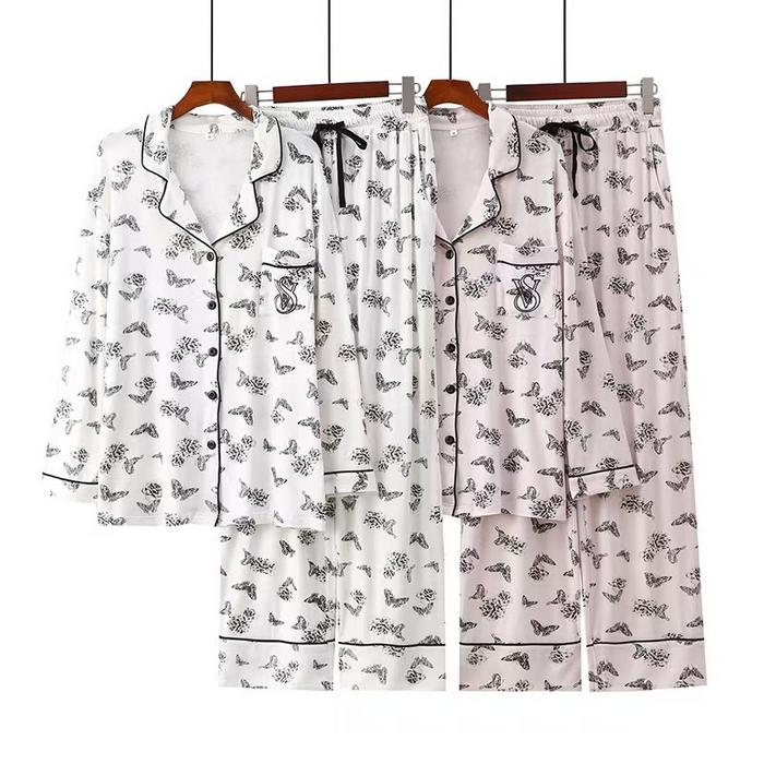 91家纺网 家纺一手货源 找家纺 洛兰沙家居馆【只代发】【只代发】2025新款跨境春秋款莫代尔蝴蝶印花睡衣女长袖长裤开衫翻领大码家居服套装  蝴蝶粉色