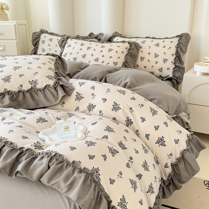 91家纺网 家纺一手货源 找家纺 金米诺 2025新款韩版有氧针织棉双层纱四件套 摩卡