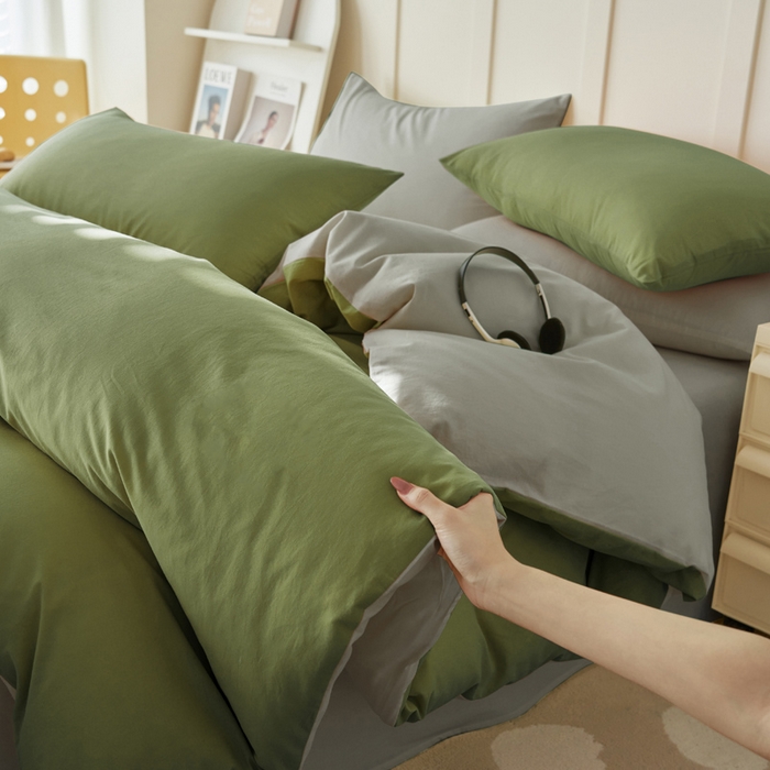 91家纺网 家纺一手货源 找家纺 寐绸家纺 2025新款纯棉水洗棉双拼单被套（自然光） 扶苏绿+毛毯灰