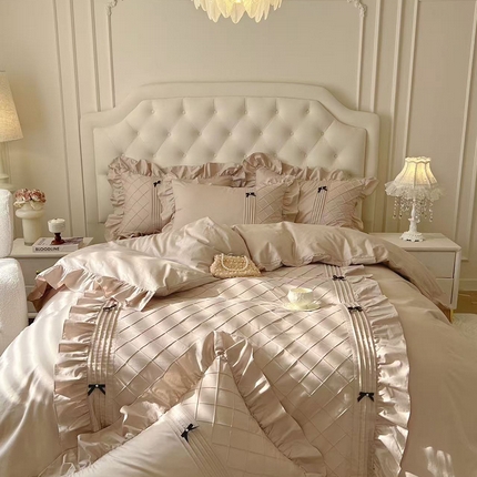 91家纺网 家纺一手货源 找家纺 （总）惯盈家纺 2025新款韩版全棉四件套华夫格蝴蝶结床裙款-少女心事系列（含买家秀）