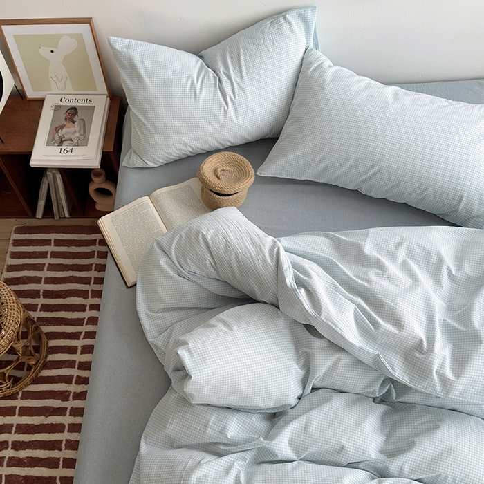 91家纺网 家纺一手货源 找家纺 水洗的故事 2025新款无印良品水洗棉四件套 小小格蓝