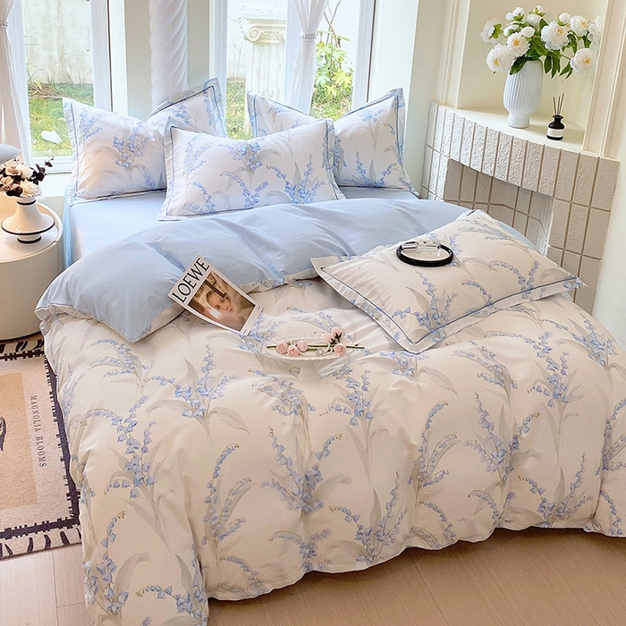 91家纺网 家纺一手货源 找家纺 梧桐树 2025新款100%全棉13372加厚印花四件套 A24铃兰蓝