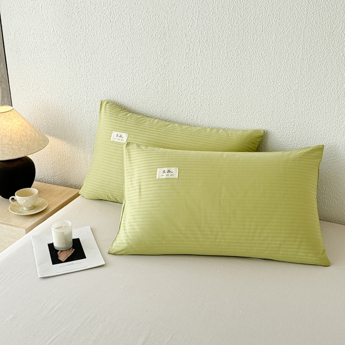 91家纺网 家纺一手货源 找家纺 眠博士 2025新款高支高密60支全棉条纹提花单枕套 枕套-提花豆绿