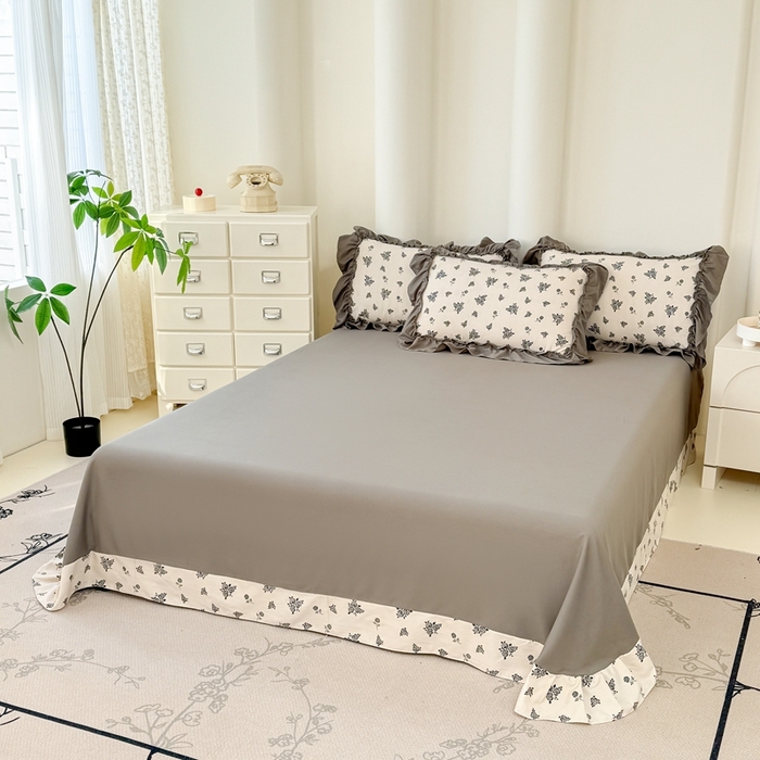 91家纺网 家纺一手货源 找家纺 金米诺 2025新款韩版有氧针织棉双层纱四件套 摩卡