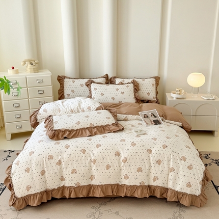 91家纺网 家纺一手货源 找家纺 金米诺 2025新款韩版有氧针织棉双层纱四件套 奇妙熊