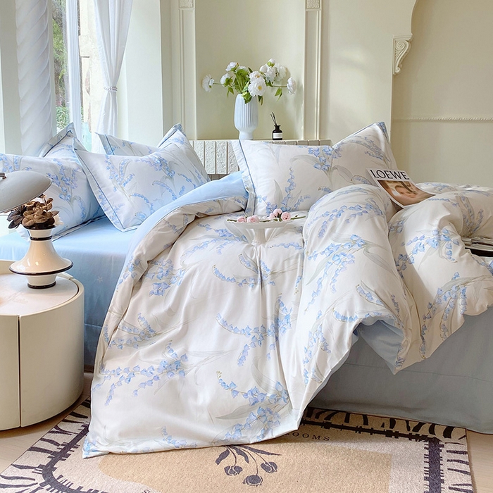 91家纺网 家纺一手货源 找家纺 梧桐树 2025新款100%全棉13372加厚印花四件套 A24铃兰蓝