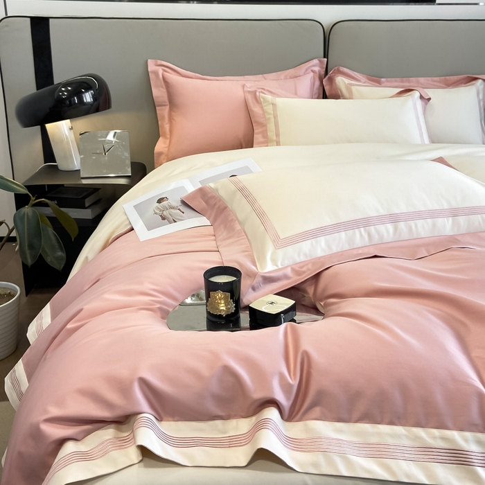 91家纺网 家纺一手货源 找家纺 桃园 2025新款纯棉全棉长绒棉刺绣绣花高端礼盒四件套-莱卡 莱卡豆沙粉