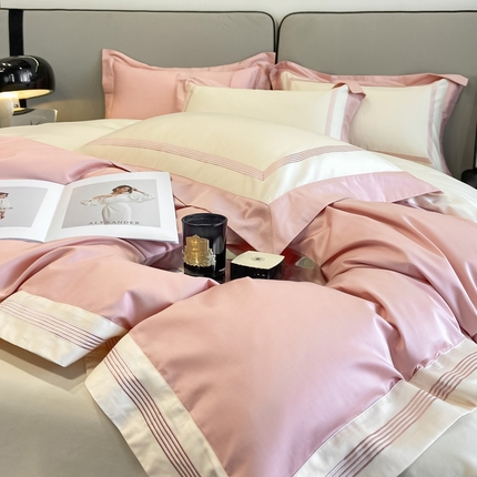 91家纺网 家纺一手货源 找家纺 桃园 2025新款纯棉全棉长绒棉刺绣绣花高端礼盒四件套-莱卡 莱卡豆沙粉