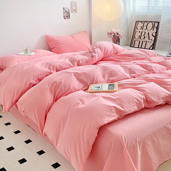 91家纺网 家纺一手货源 找家纺 水洗的故事 2025新款色织水洗棉多巴胺纯色款四件套 嫩粉