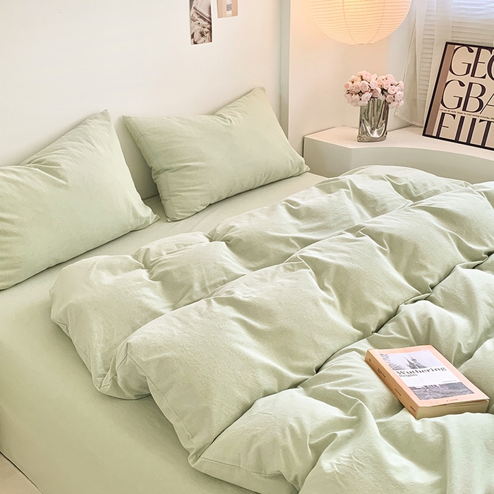 91家纺网 家纺一手货源 找家纺 水洗的故事 2025新款色织水洗棉多巴胺纯色款四件套 果绿