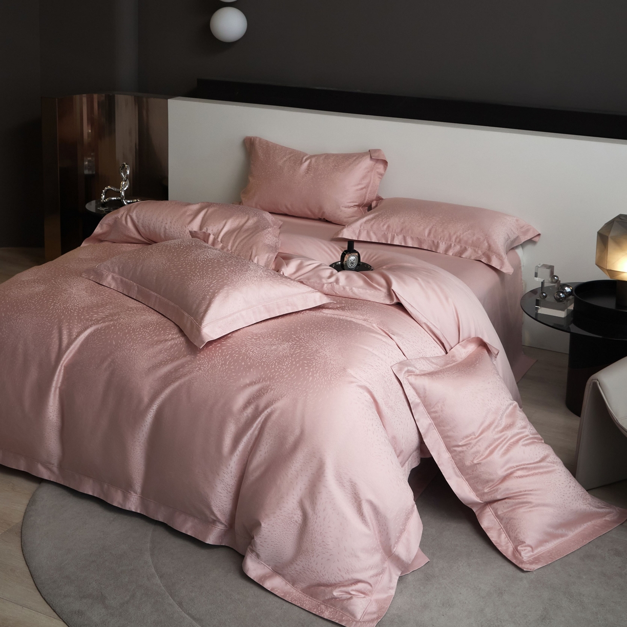 91家纺网 家纺一手货源 找家纺 榻尚家居 2025春夏新款长绒棉全棉纯棉贡缎提花手工立体埋绳工艺四件套 星耀（樱花粉）