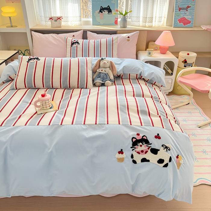 91家纺网 家纺一手货源 找家纺 娜娜 2025新款全棉立体毛巾绣四件套 派对猫咪