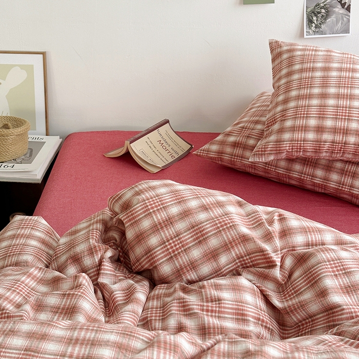 91家纺网 家纺一手货源 找家纺 水洗的故事 2025新款无印良品水洗棉四件套 樱红格