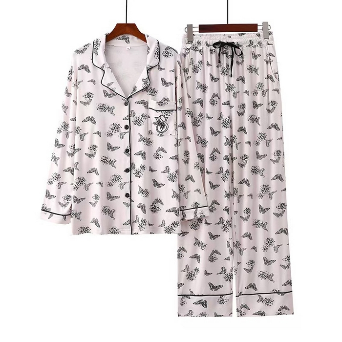 91家纺网 家纺一手货源 找家纺 洛兰沙家居馆【只代发】【只代发】2025新款跨境春秋款莫代尔蝴蝶印花睡衣女长袖长裤开衫翻领大码家居服套装  蝴蝶粉色