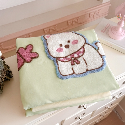 温眠家纺 2025新款水洗棉毛巾绣四件套-叠拍 萝莉狗-绿