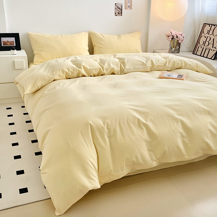 91家纺网 家纺一手货源 找家纺 水洗的故事 2025新款色织水洗棉多巴胺纯色款四件套 奶黄