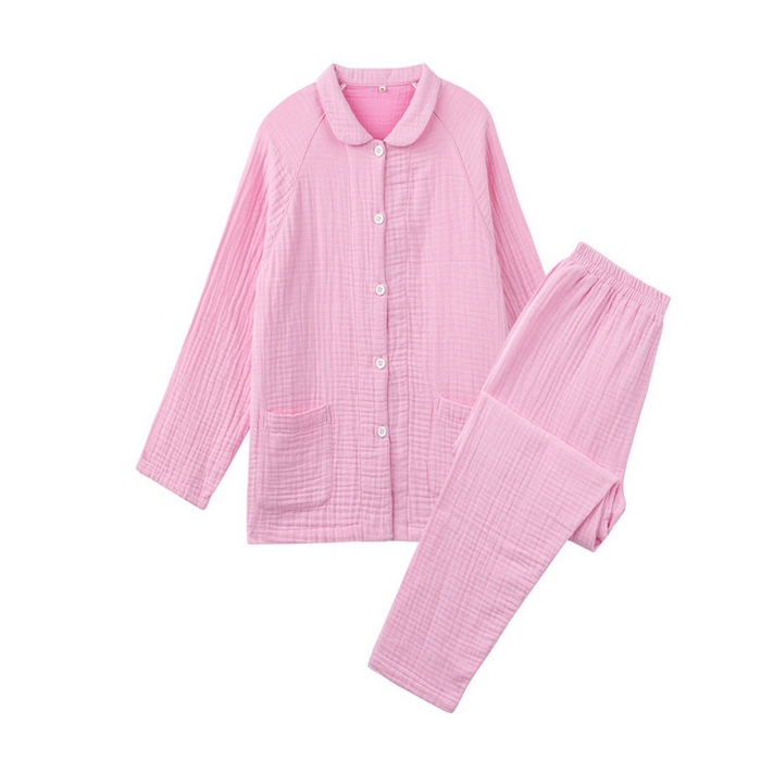 91家纺网 家纺一手货源 找家纺 2025【纯棉细格四层纱睡衣】日式无印全棉四层纱家居服良品纯色多层纱睡衣男女情侣居家服套装