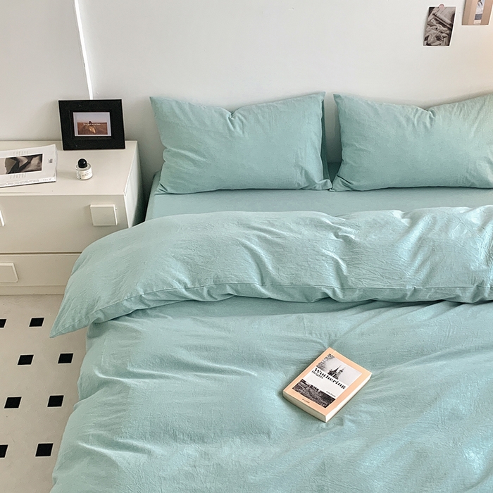 91家纺网 家纺一手货源 找家纺 水洗的故事 2025新款色织水洗棉多巴胺纯色款四件套 湖绿