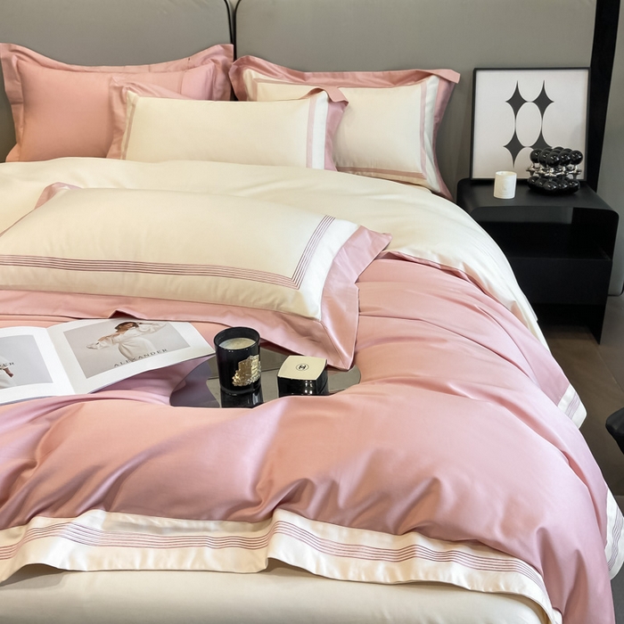 91家纺网 家纺一手货源 找家纺 桃园 2025新款纯棉全棉长绒棉刺绣绣花高端礼盒四件套-莱卡 莱卡豆沙粉