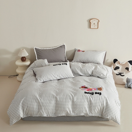怡家居 2025新款全棉双层纱可爱卡通毛巾绣四件套 灰格小淘气