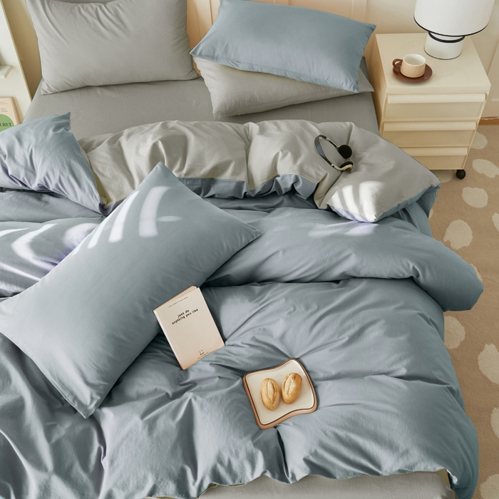 91家纺网 家纺一手货源 找家纺 寐绸家纺 2025新款纯棉水洗棉双拼单被套（自然光） 礁石灰+毛毯灰