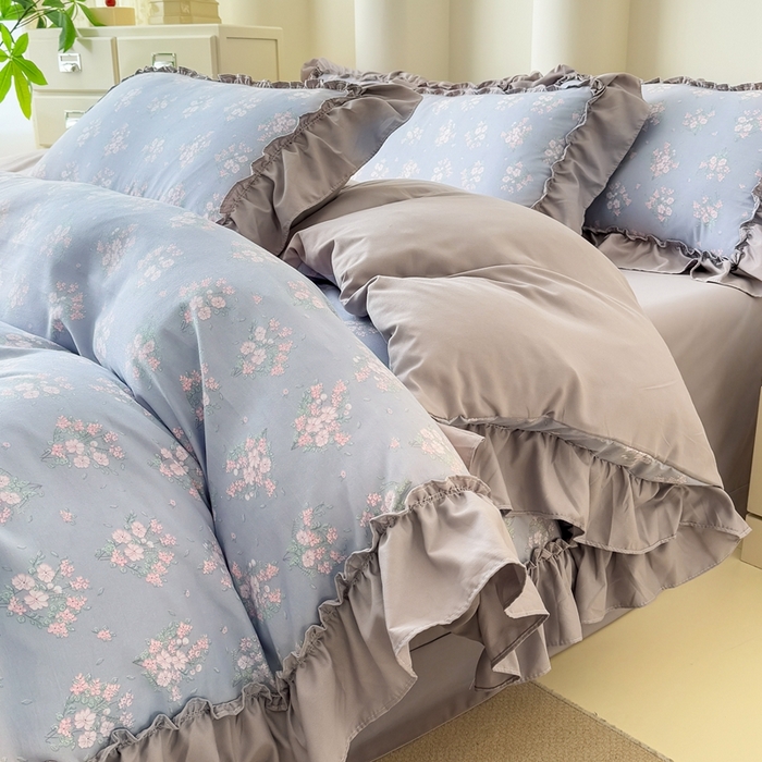 91家纺网 家纺一手货源 找家纺 金米诺 2025新款韩版有氧针织棉双层纱四件套 花俏